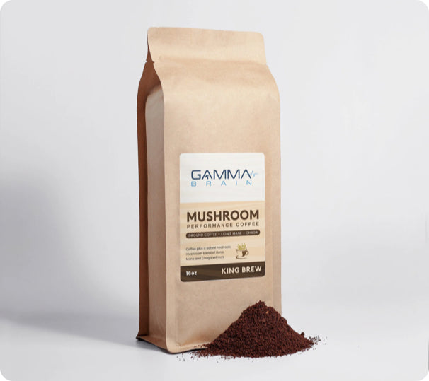 Gamma Brain Mushroom Performance Coffee in eco-friendly packaging with coffee grounds displayed beside it.